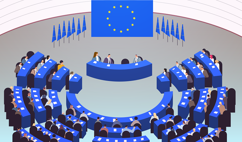 Eine große Gruppe von Menschen aus der Europäischen Union diskutiert